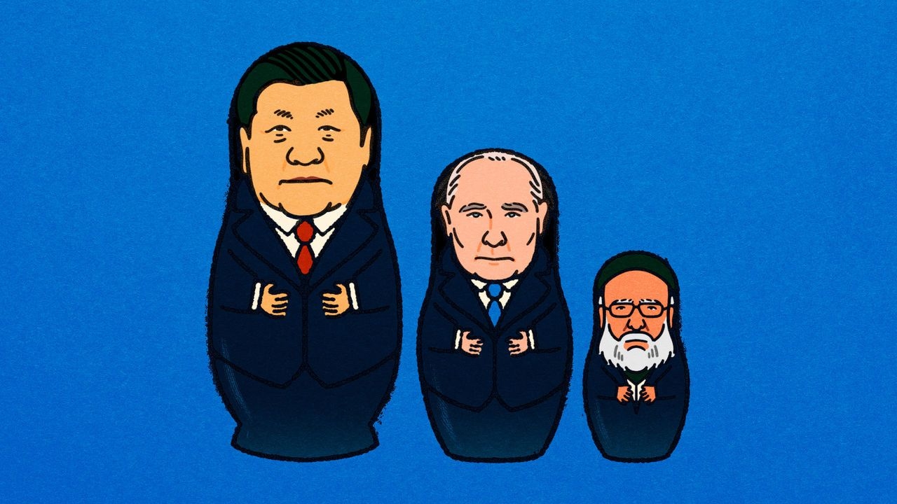 Illustrations of Xi Jinping, Vladimir Putin and Ebrahim Raisi as Russian dolls going from big to small.