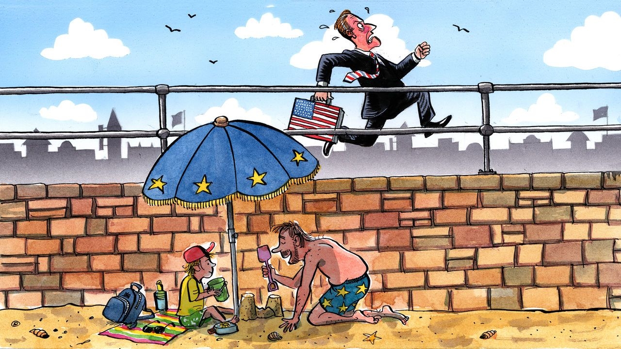 A man and a boy sit on a beach under an EU stars parasol building sandcastles. On the street above them a flushed looking man in a suit runs past with a US stars and stripes briefcase.