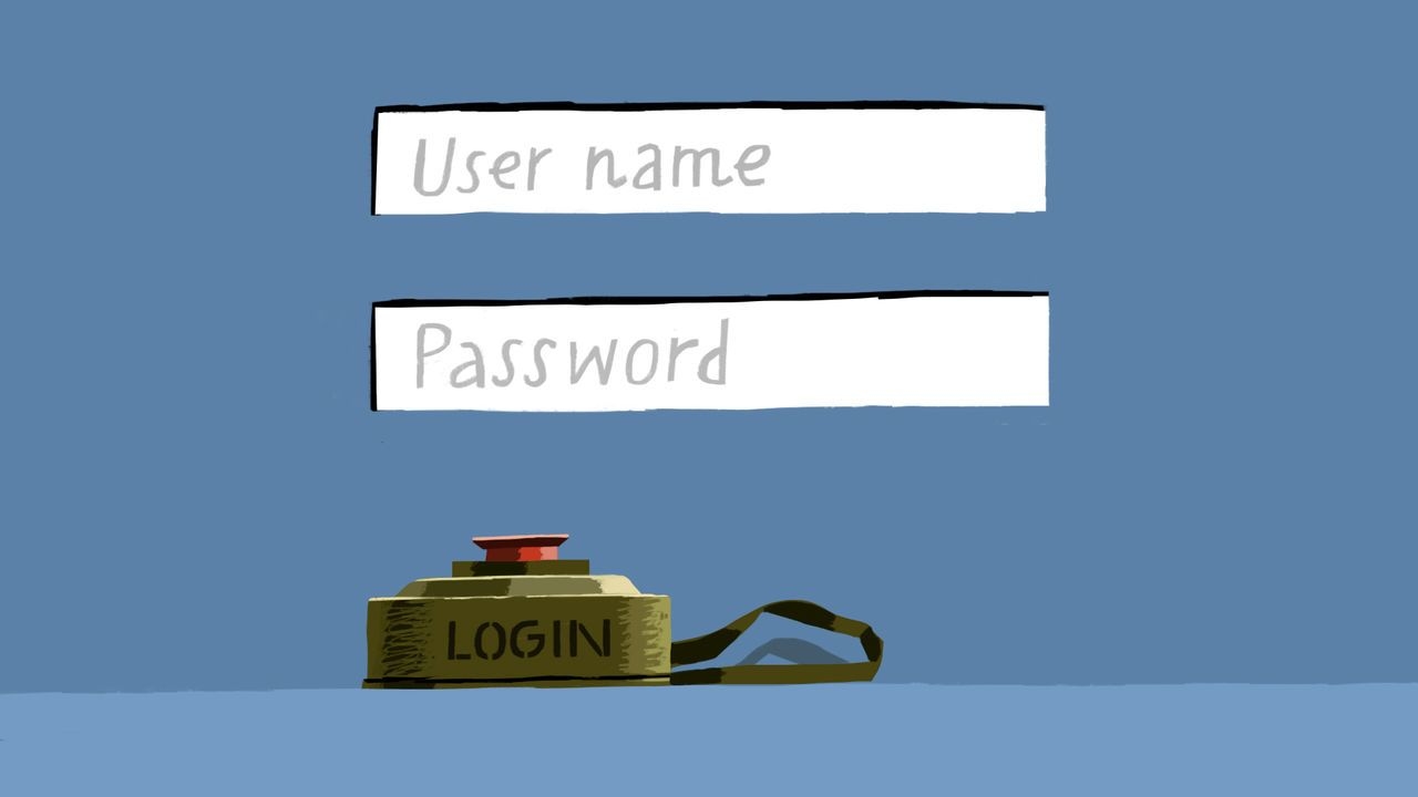 Illustration of user name and password fields on a blue background. The login button is a red detonator from the army.