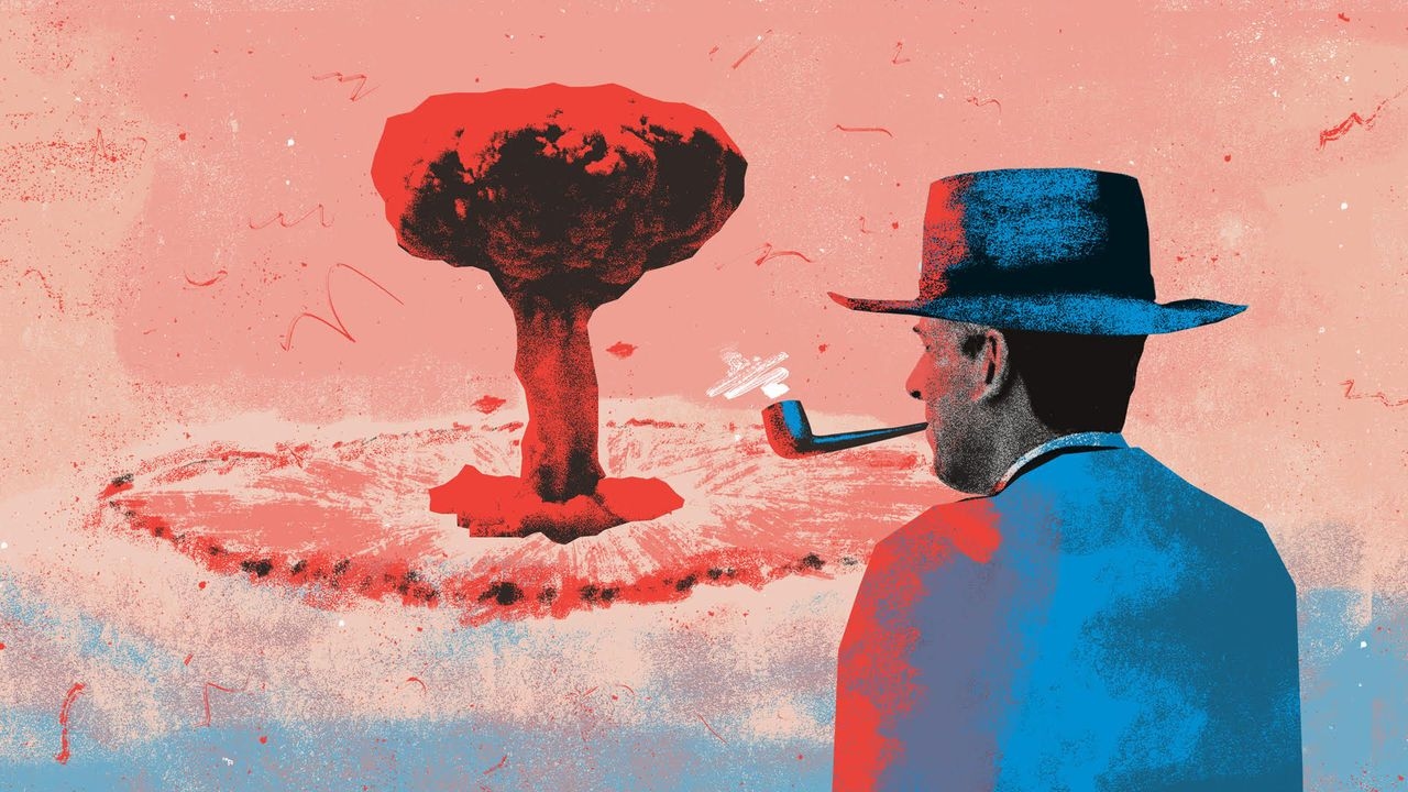 Illustration of Oppenheimer shaded blue watching a red atomic explosion