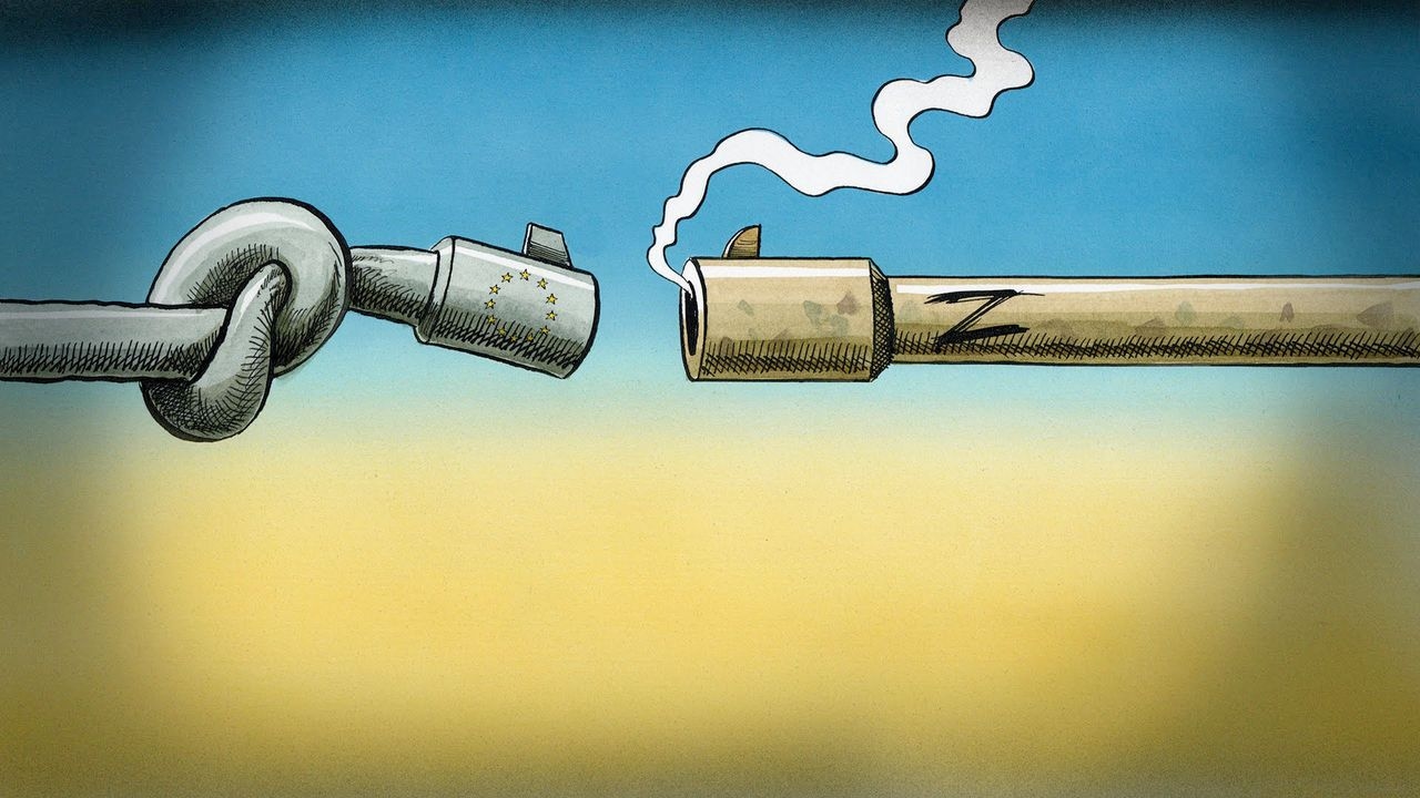 Two guns pointing at each other. One has the European stars and has a knot, the other is smoking and has the letter Z written on it.