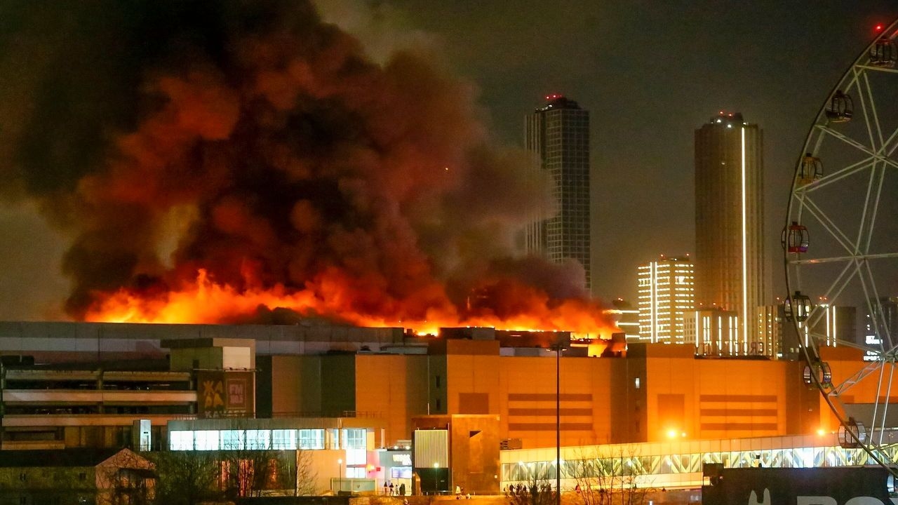 A massive blaze is seen over the Crocus City Hall on the western edge of Moscow, Russia, March 22nd 2024