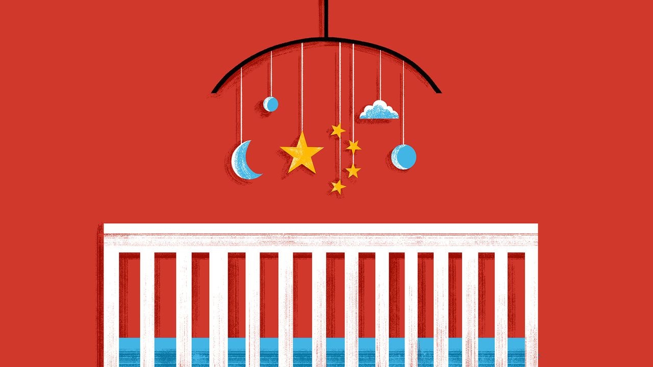 Illustration of a cot mobile hanging above a cot, featuring a crescent moon, clouds, and stars arranged to resemble the flag of China.