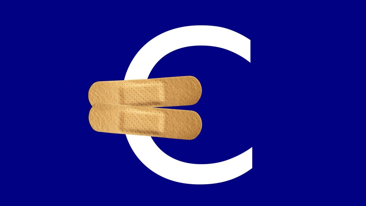 An illustration of a Euro sign with plasters as the bars across it