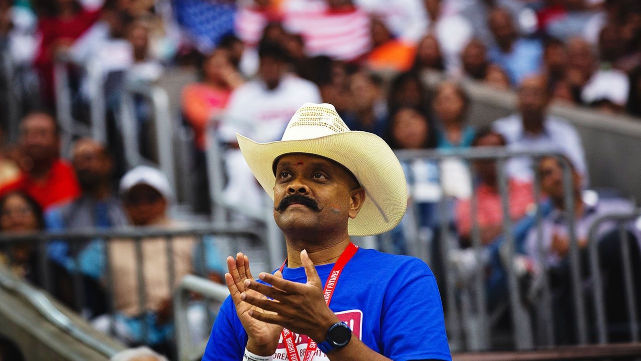 A supporter of India's Prime Minister Narendra Modi at the Howdy Modi event in Houston in 2019