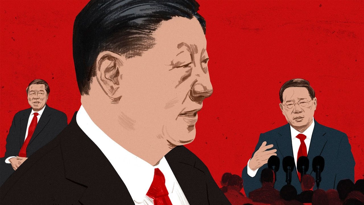 Illustration of Xi Jinping addressing a crowd, with Li Qiang on one side and He Feng in the background