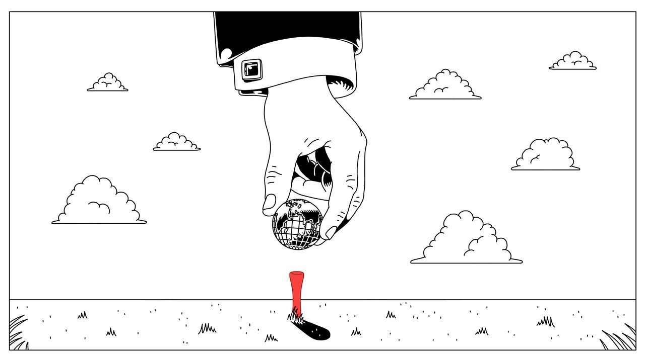 Illustration of a giant hand putting a globe on a golf tee