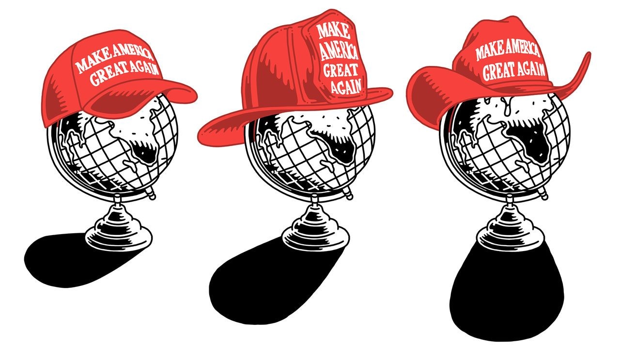 Illustration of 3 globes wearing maga hats. One is a baseball cap, one is a fireman's hat and the other is a cowboy hat