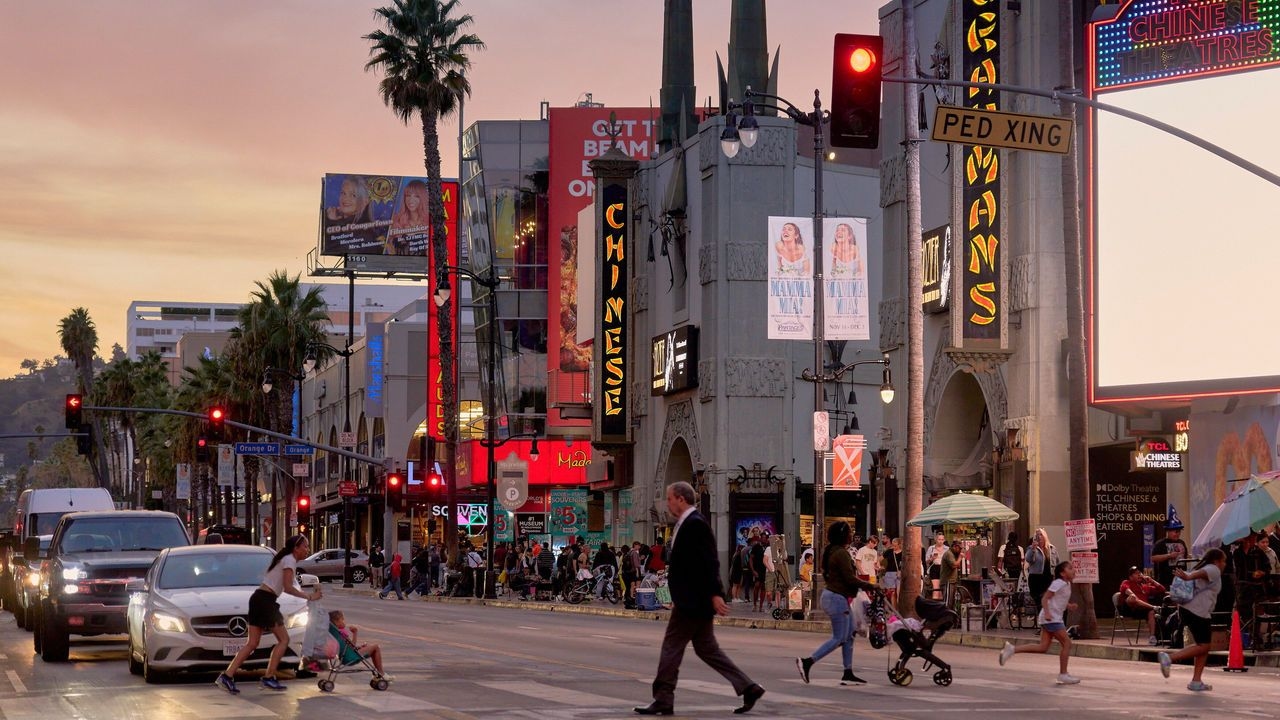 Street view of Hollywood, California at dusk.