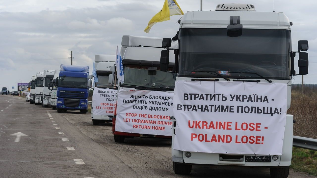 Ukrainian farmers display conflict-damaged farming machines at border with Poland, Krakivets, Ukraine - 25 Feb 2024