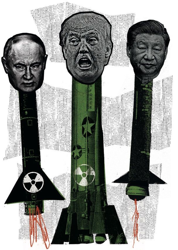 Three missiles with the heads of president Putin, Trump, and Xi