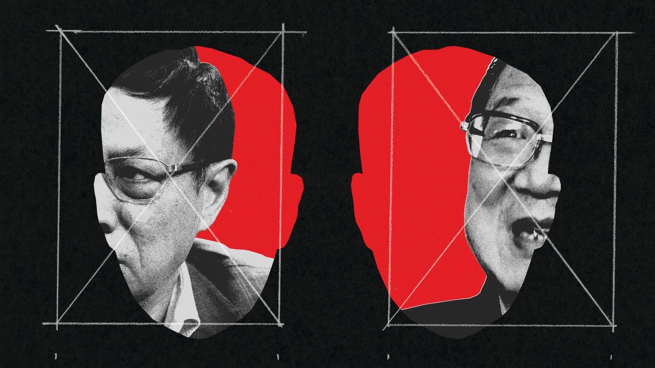 Collage depicting images of So Hu and Ren Zhiqiang overlaid within a cut-out silhouette of Xi Jinping's face. 