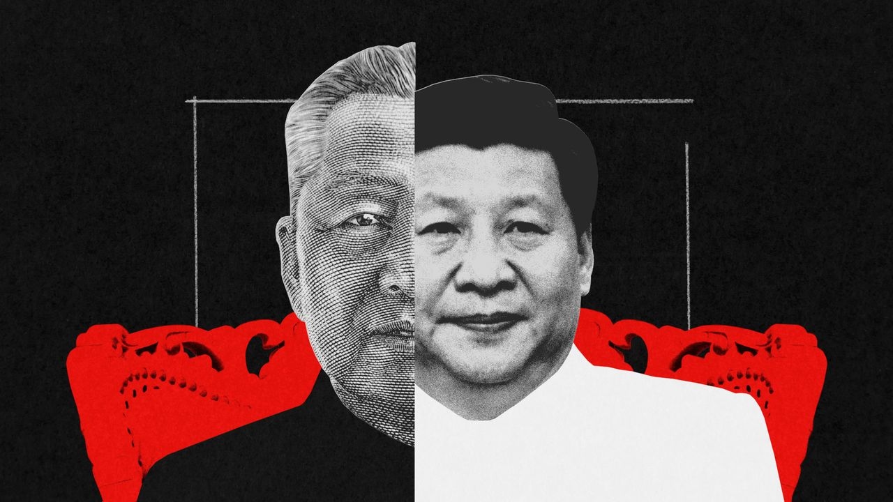 A collage composition featuring a portrait of Xi Jinping and a portrait of his father, Xi Zhongxun.