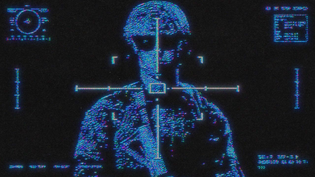 Pixelated soldier with an digital target overlayed