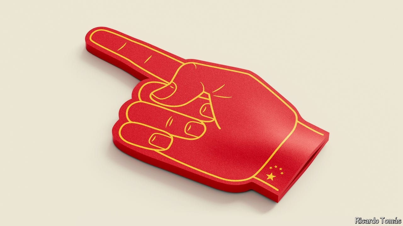 An illustration of a foam hand with a pointing index finger coloured red with yellow stars like the Chinese flag.