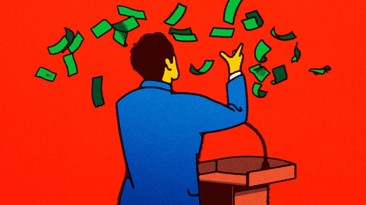 Illustration of a politician standing at a podium throwing money in the air, viewed forom behind.