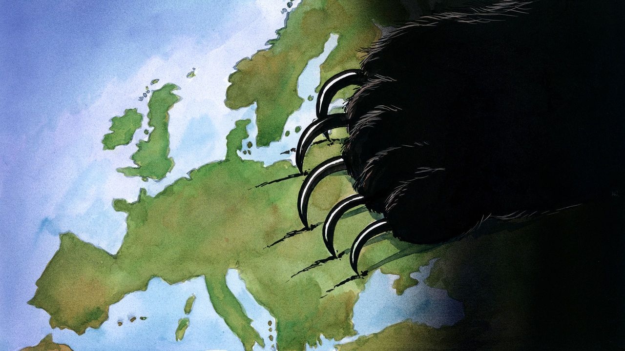 A bear's paw claws across a map of Europe.