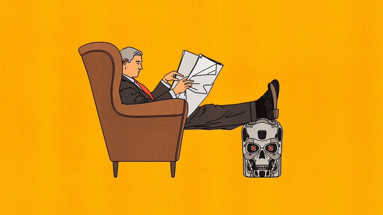 Illustration of a man sitting in an armchair resting his legs on a robot head