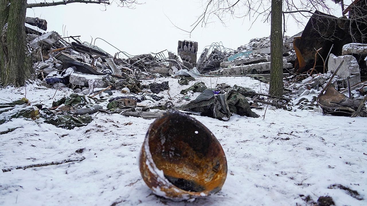 Debris at a vocational school which was used as a temporary deployment centre for Russian soldiers