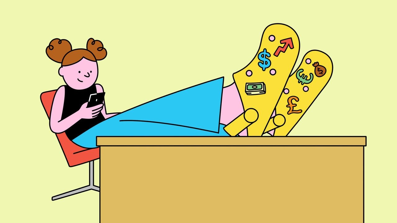 Illustration of a girl leaning back on a desk chair with her feet up on the desk. On her feet are a pair of crocs with a bunch of money-themed jibbitz on them.