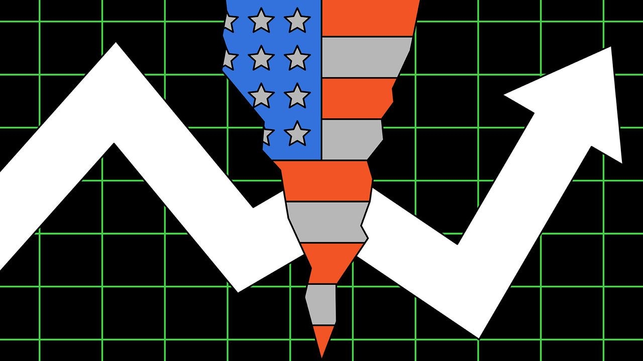 Illustration of a stock arrow on a screen that has broken in the middle with the american flag showing through the crack.