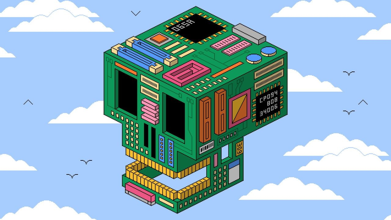 An illustration of a skull in the sky made up of a circuit board.