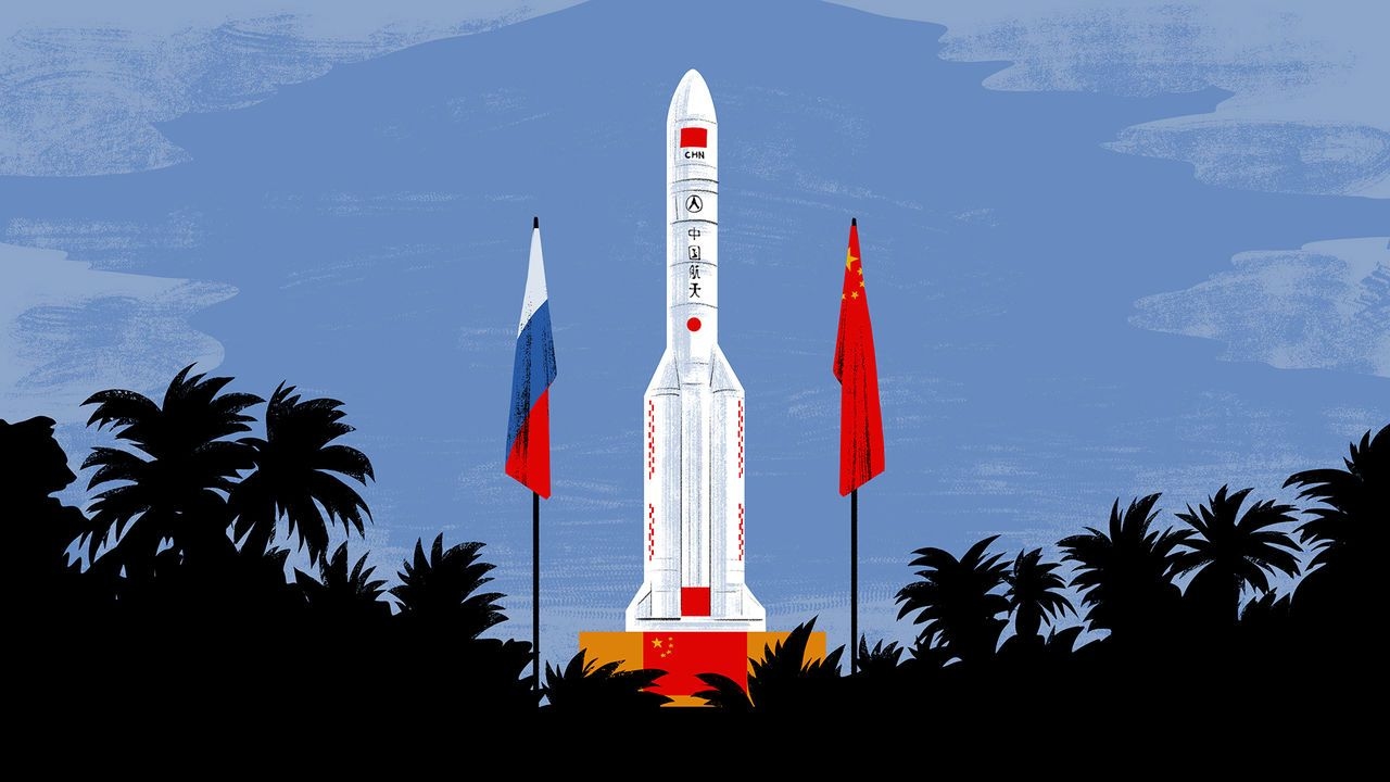 illustration featuring a Chinese space rocket positioned in the center, flanked by the flag of Russia on the left side and the flag of China on the right side against a natural background.