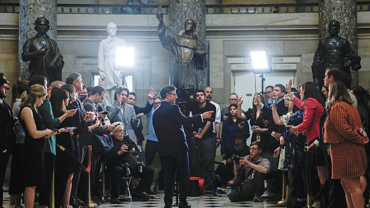 Speaker of the House Mike Johnson speaks to the media after the Senate dismissed the House Republican impeachment