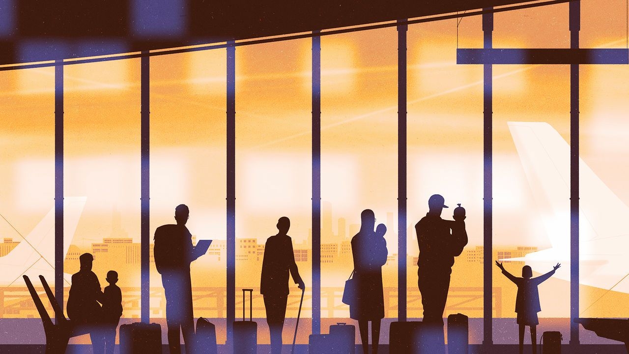 Illustration of a view out of the window of an airport terminal. The silhouettes of a number of people are visible – a parent with child sitting on a chair, a student with a laptop, an elderly person with a cane, a womanholding a baby, a man holding a ba