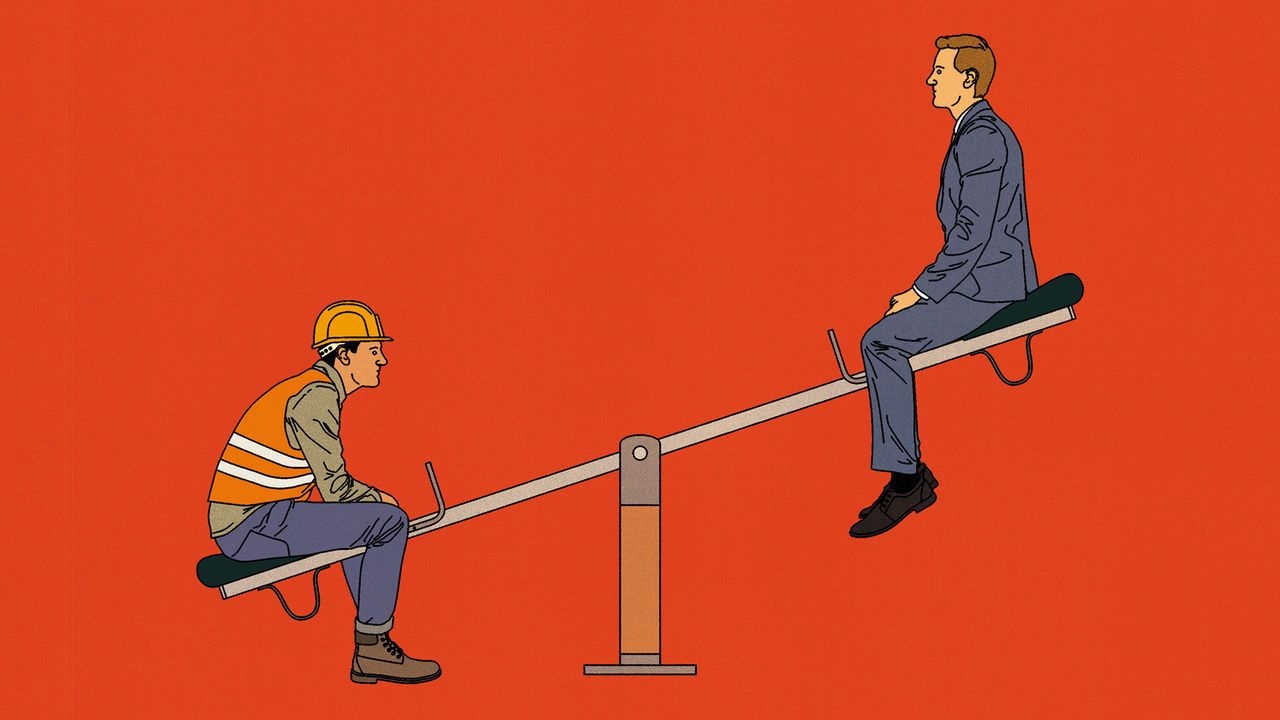Illustration of a workman and a businessman on a see-saw. The workman is at the bottom, the businessman at the top.