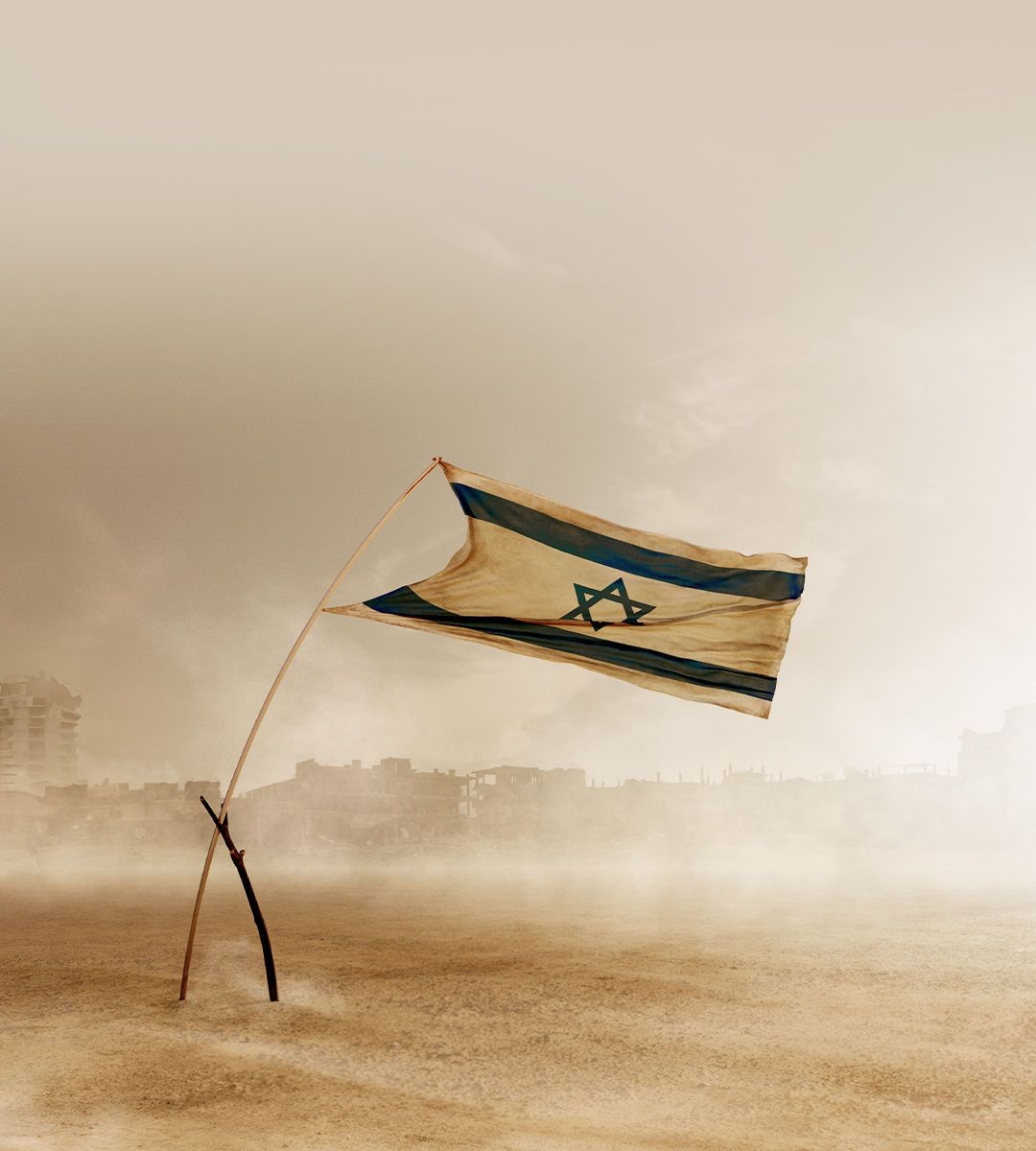 The flag of Israel being blown in a sandstorm