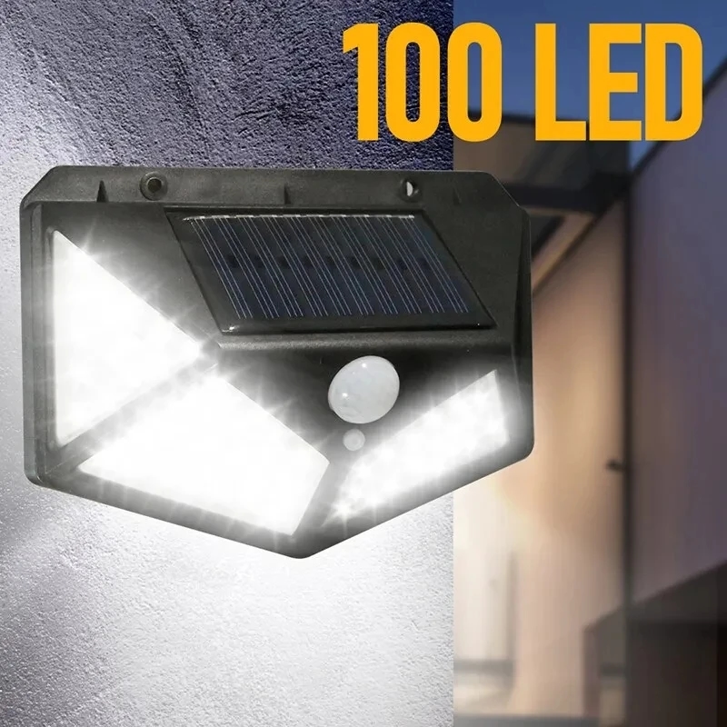 100 LED Solar Wall Lamp 4 Sides Luminous With Motion Sensor Human Induction  Courtyard Waterproof Stairs Outdoor Wall Light