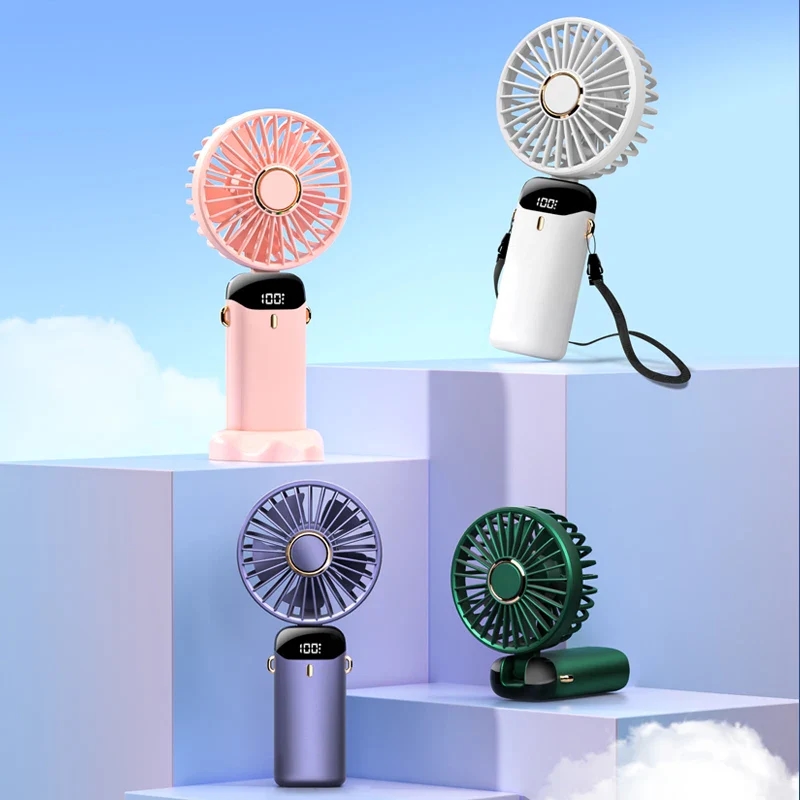 3000mAh Handheld Mini Fan Foldable Portable Neck Hanging Fans 5 Speed USB Rechargeable Fan with Phone Stand and Display Screen