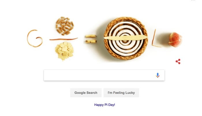 A screenshot of Google's homepage features a "Pi Day" Google Doodle with letters created out of apple slices and baking ingredients, with a whole pie representing the second "g" in "Google."