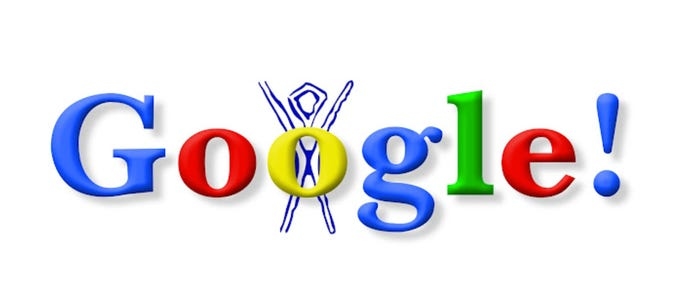 The very first Google Doodle featured Google's 1998 logo with a sketch of a blue stick figure behind the second "o" in honor of the Burning Man festival.