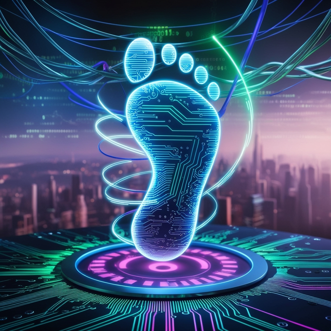 A futuristic digital footprint in the internet, virtual reality, surrounded by glowing circuit boards and neon-lit wires, with a sprawling metropolis cityscape in the background, evoking a sense of limitless connectivity and boundless data streams. The aesthetics are sleek and cyberpunk, with vibrant shades of electric blue, green, and purple dominating the palette, as lines of code and 1s and 0s swirl around the footprint, imbuing it with an otherworldly energy, while faint LED lights flicker and pulse like a living, breathing entity.
