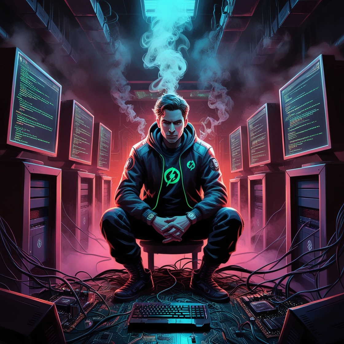 A futuristic hacker, bathed in a warm, neon-lit glow, sitting in a dark, smoke-filled room surrounded by rows of humming computer towers, amidst a tangled web of wires and circuit boards, with screens displaying lines of rapid-fire code, rendered in a stylized, illustrative digital art style, evoking a sense of high-stakes tension and technological anxiety, with a color palette of deep blues, electric greens, and fiery oranges, hinting at the protagonist's masterful control over the virtual world.