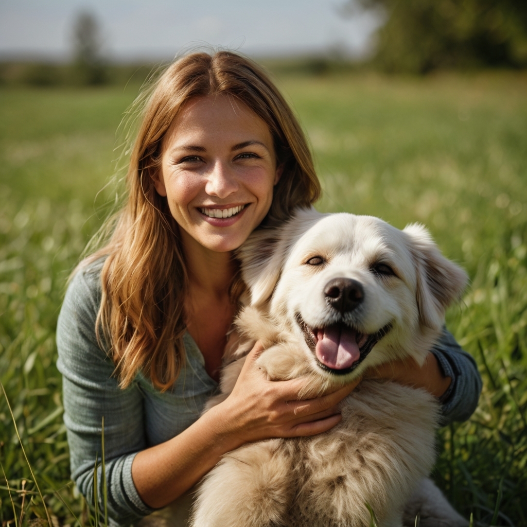 Happy dog or owner with a dog
"A photograph of a happy dog owner hugging their dog on a green meadow. The dog looks well-groomed and joyful, with shiny fur and expressive eyes."