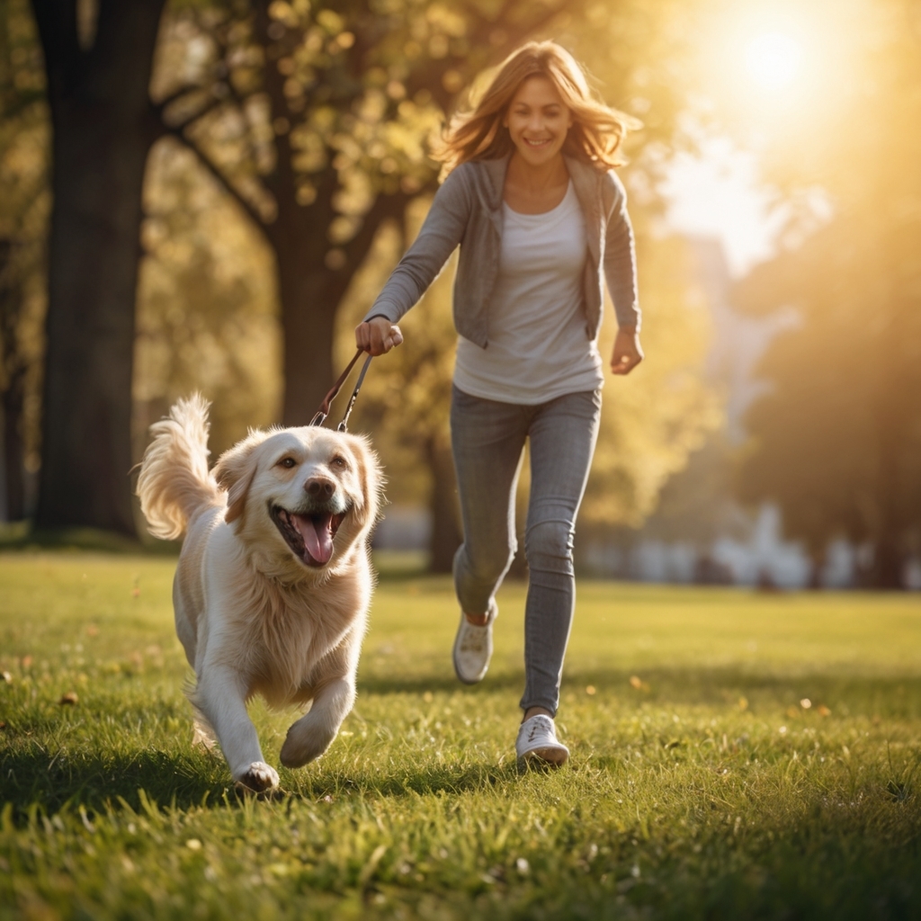 Walking or playing with a dog outdoors
"An active dog running in a park, playing with its owner. A sunny day, green grass, and an atmosphere of joy and freedom."