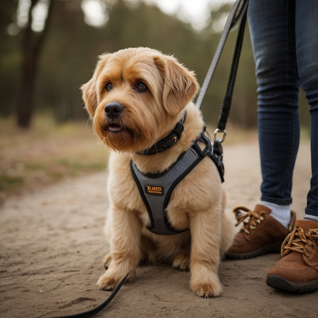 Proper dog gear
"A dog wearing a comfortable harness or collar, perfectly fitted for its size. The owner gently holding the leash, preparing for a walk."