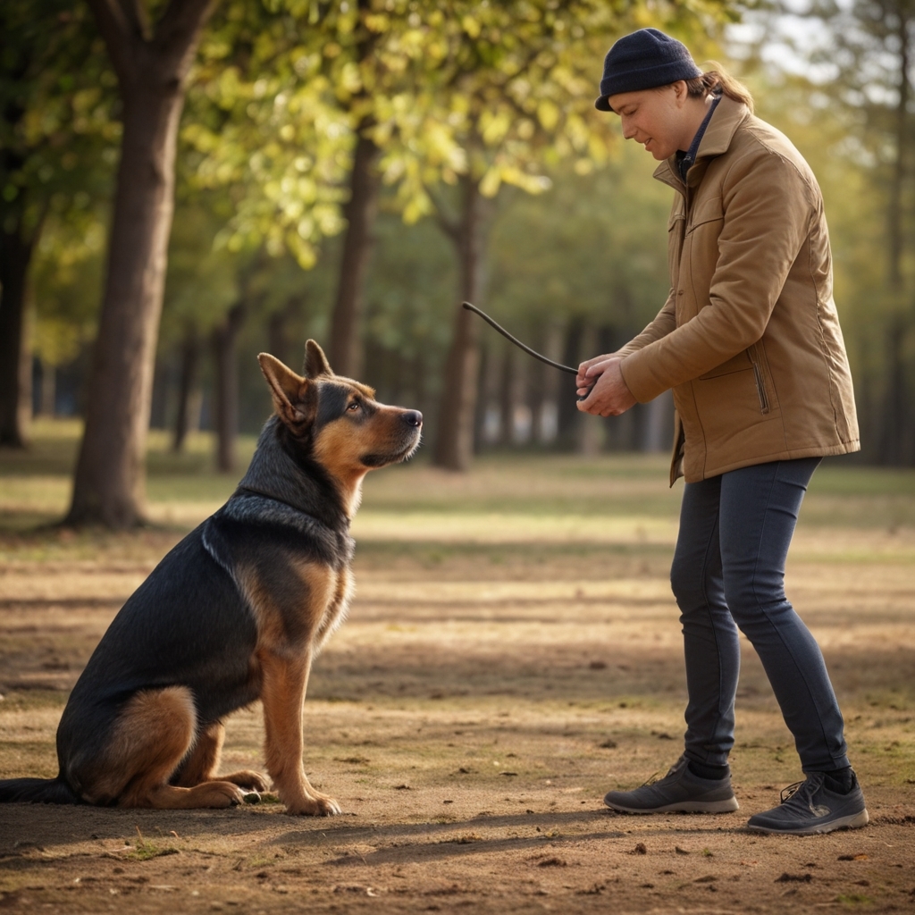 Dog training
"A professional dog trainer working with a dog obediently following the 'sit' command. The setting is a natural environment or a training ground."