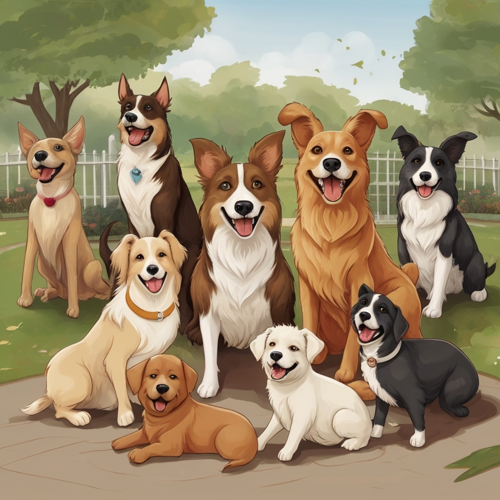 Dog socialization
"A group of dogs of different breeds playing together in a park, surrounded by their owners. A friendly and cheerful atmosphere."