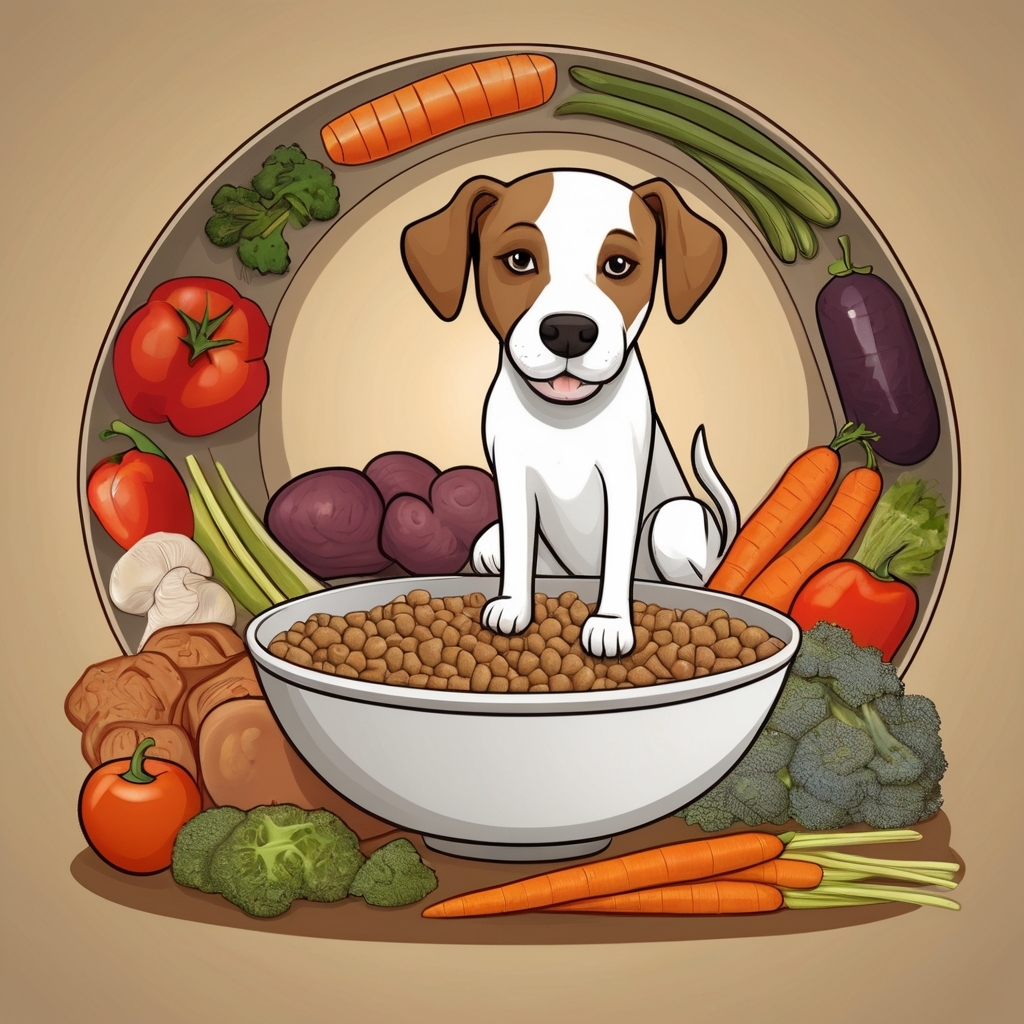 Balanced dog diet
"An image of a bowl with a balanced meal for a dog: pieces of meat, vegetables, and dry food in harmonious proportions. Next to it, a satisfied dog waiting for food."