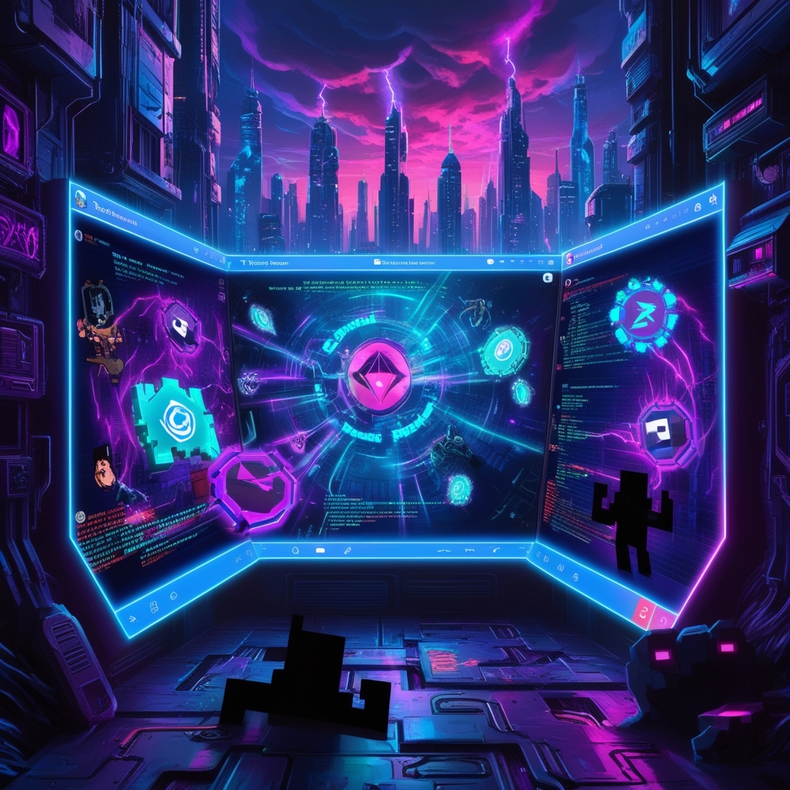A futuristic digital landscape of cryptic games unfolding within the Telegram chat windows, nestled amidst the neon-lit skyscrapers of a cyberpunk metropolis at dusk, where vibrant hues of electric blue and radiant purple illuminate the darkened alleyways. The screenshot-like image pulsates with a kinetic energy, reminiscent of old-school video games, as cryptographic codes and tokenized assets dance across the screens, while pixelated characters and eerie silhouettes lurk in the shadows, shrouded in an aura of secrecy and high-stakes deception.