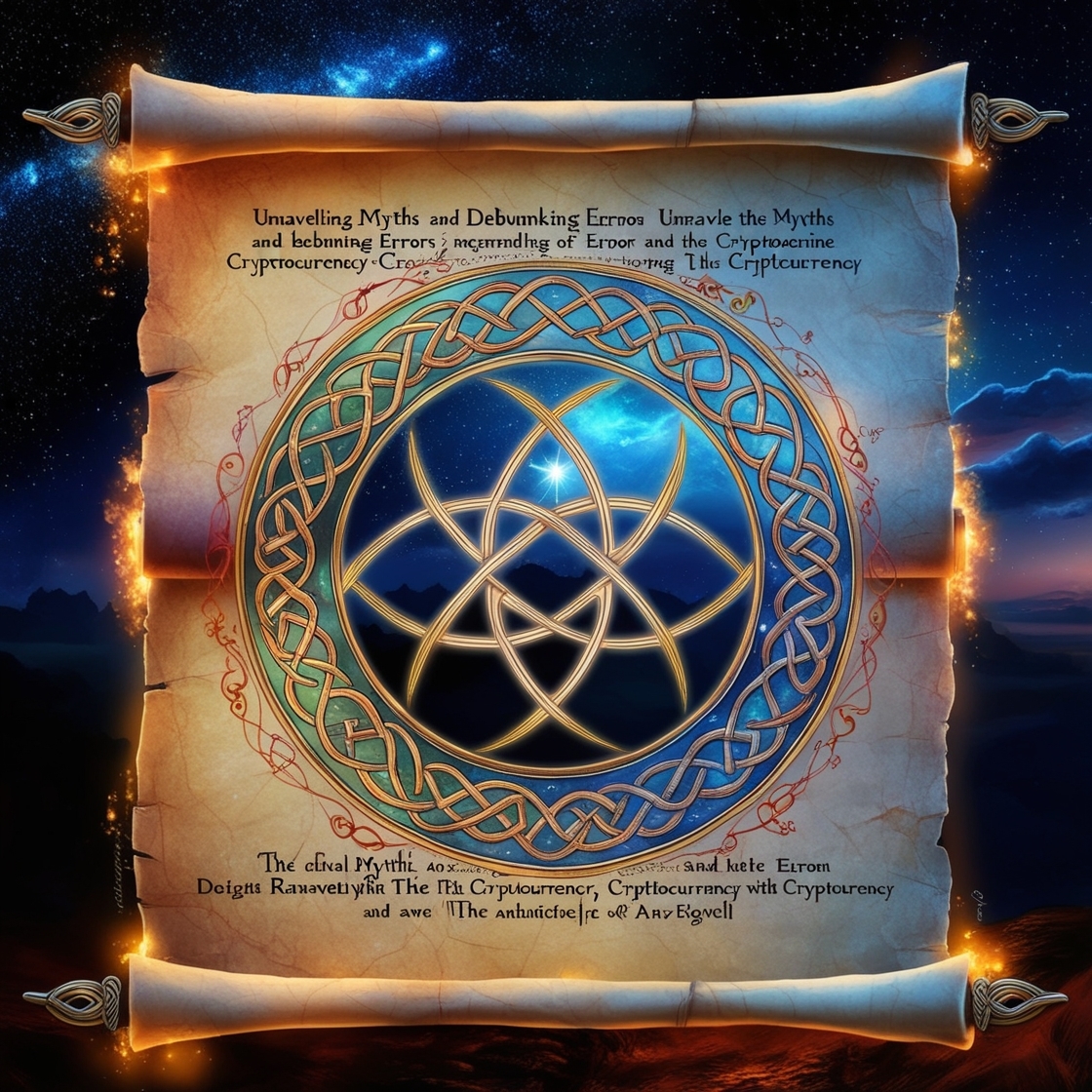 A mystical, ancient scroll, illuminated on vellum, unraveling myths and debunking errors surrounding cryptocurrency, set against a rich, starry night sky, evoking an otherworldly aura, as intricate, swirling patterns reminiscent of Celtic knotwork dance across the parchment, in hues of auroral blue and golden citrine, with touches of fiery scarlet, and subtle, luminous accents, suggesting the ethereal and the enigmatic, as if the secrets of the digital realm are being whispered by an ancient sage, bathing the viewer in an atmosphere of cryptic mystery and awe.