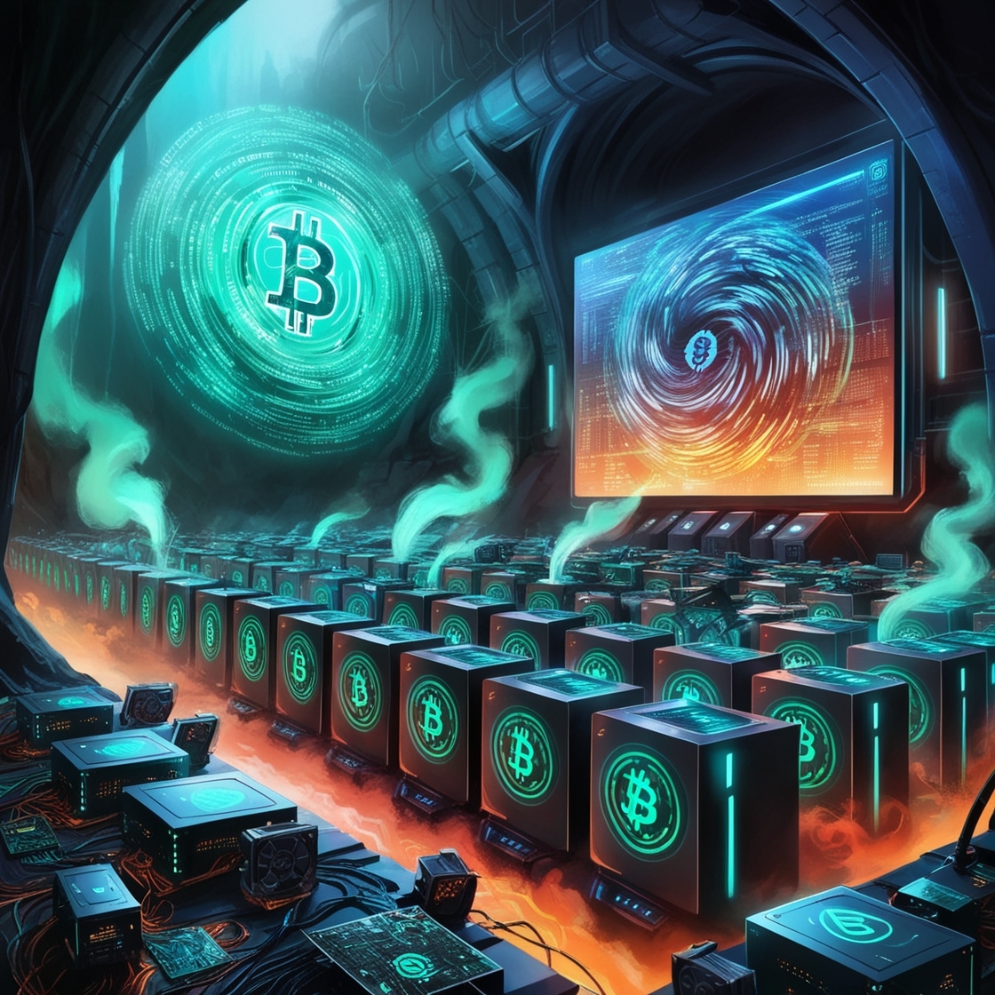 Cryptocurrency mining operation, digital illustration, a futuristic underground lair filled with rows of sleek, neon-lit servers humming with activity, surrounded by eerie luminescent mist, and a gigantic holographic display projecting a swirling storm of blockchain transactions; an atmospheric palette of electric blues, emerald greens, and fiery oranges evoking a sense of technological sorcery; with subtle gradient shadows and cyberpunk undertones, additional details include circuit boards, wires, and high-tech gadgets strewn about the scene.