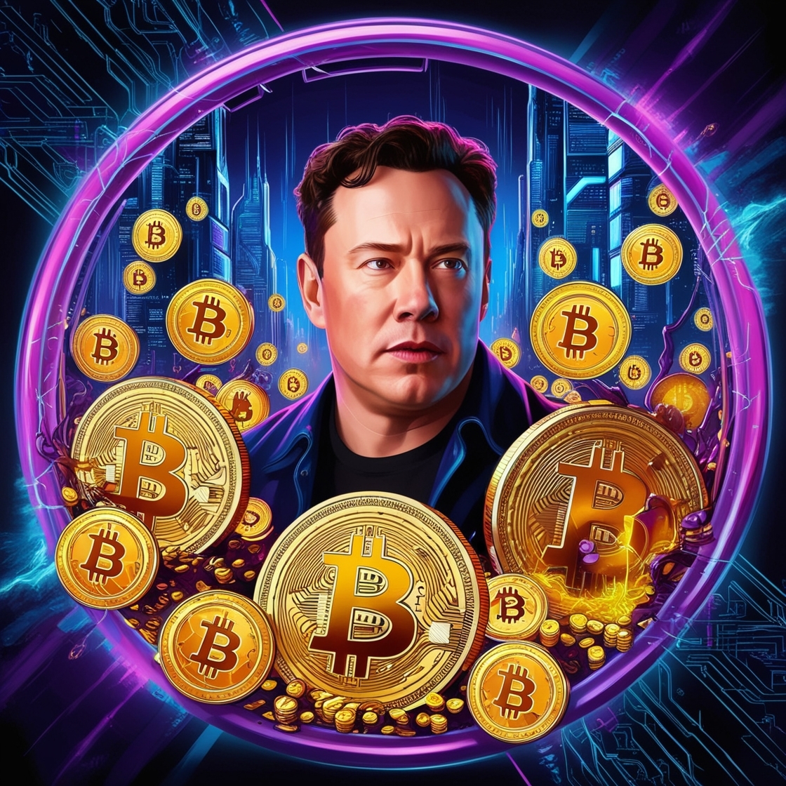 Elon Musk amidst a vibrant, neon-lit cityscape, surrounded by swirling cryptographic patterns and futuristic technology, depicted in a mesmerizing digital art style, blending realism with cyberpunk elements, where Musk's determined gaze pierces through a sea of golden Bitcoin symbols and cryptocurrency charts, set against a dark blue gradient background, with touches of electric blue and purple hues, accentuating the futuristic and avant-garde atmosphere, as if plucked straight from a Sci-Fi cinematic universe, exuding an air of revolutionary innovation and cutting-edge progress.
