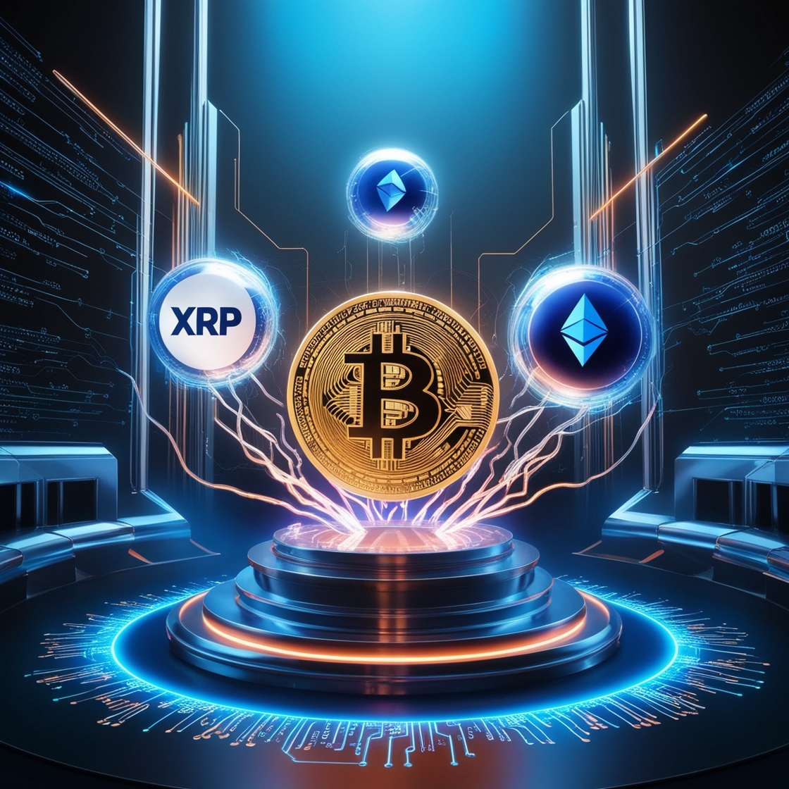 A futuristic cryptocurrency hub, where gleaming metallic structures and neon-lit circuits converge, depicting Solana, XRP, and Bitcoin Ton as ethereal orbs suspended in mid-air, radiating a mesmerizing aura of digital possibilities, set against a dark, gradient blue background evoking a sense of high-tech mystery, with accents of bright, electric blue and pulsing orange hues, surrounded by delicate, swirling strands of code and data, evoking a cinematic, dreamlike atmosphere.