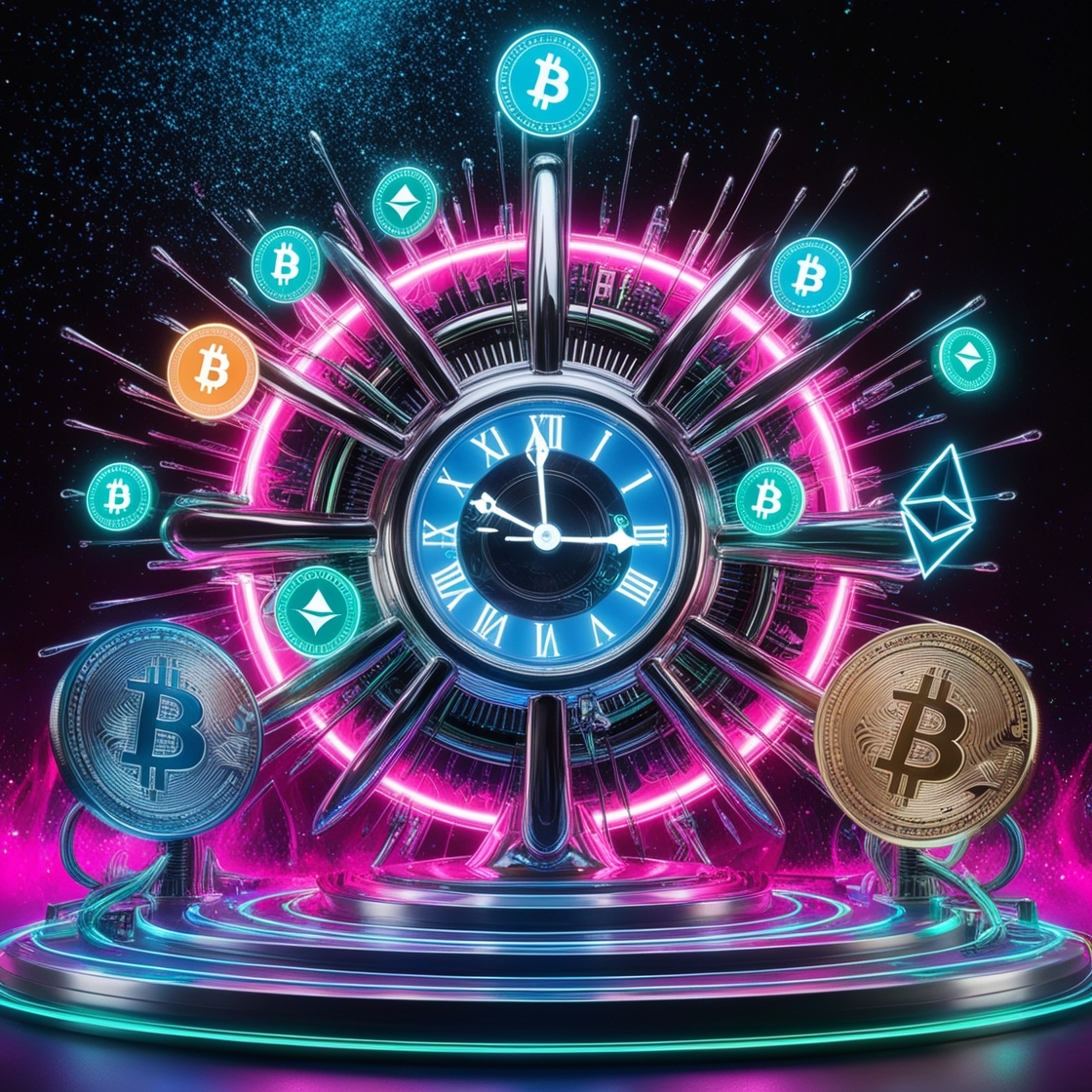 A futuristic, neon-lit cryptocurrency hub, rendered in mesmerizing digital art, where sleek, silver clockwork mechanisms entwine with vibrant, pulsing circuits, as glowing cryptocurrency symbols - bitcoins, ethereums, and dogecoins - swirl around a central, gleaming crypto-chronometer, radiating an otherworldly aura, with an aesthetic blending Tron's futuristic sheen and Neo- Tokyo's cyberpunk flair, bathed in a palette of electric blues, hot pinks, and emerald greens, set against a background of dark, glittering stardust, evoking a sense of revolutionary innovation and futuristic possibilities.