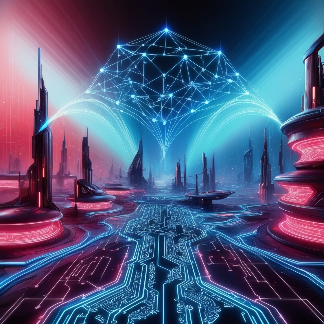 Blockchainscape, digital art, depicts a futuristic cityscape with intricate networks of neon-lit nodes and arcs, representing the complex transactions and decentralization of blockchain technology, set against a vibrant, gradient background of electric blue and crimson, evoking a sense of innovation and dynamism, with sleek, high-tech architectural elements and pulsing circuits, conveying a Cinematic, cyberpunk atmosphere, illuminated by soft, ethereal glows, with subtle grid patterns and 3D geometries adding depth and texture to the surreal, futuristic landscape.